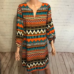 YETTS tribal patterned boho inspired print dress size Large orange brown